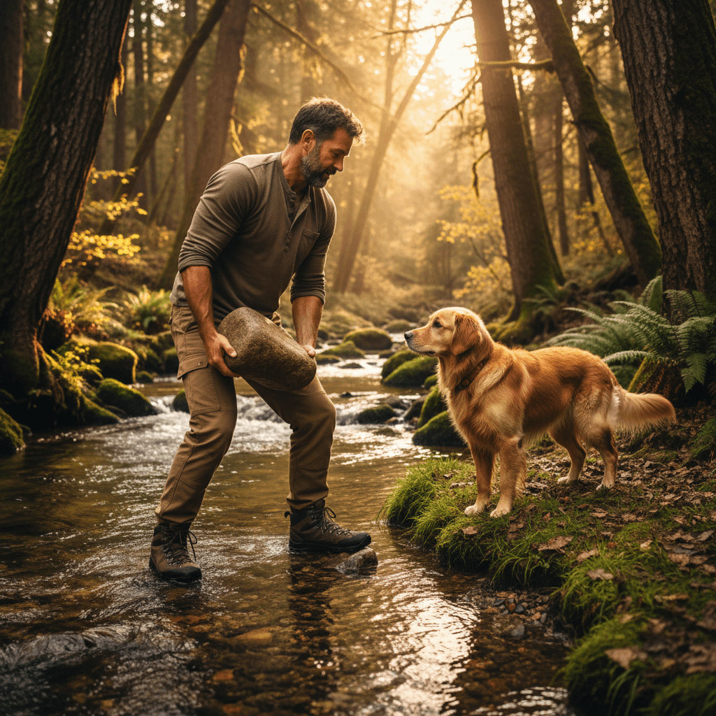 Father hauling river rock through creek with dog watching