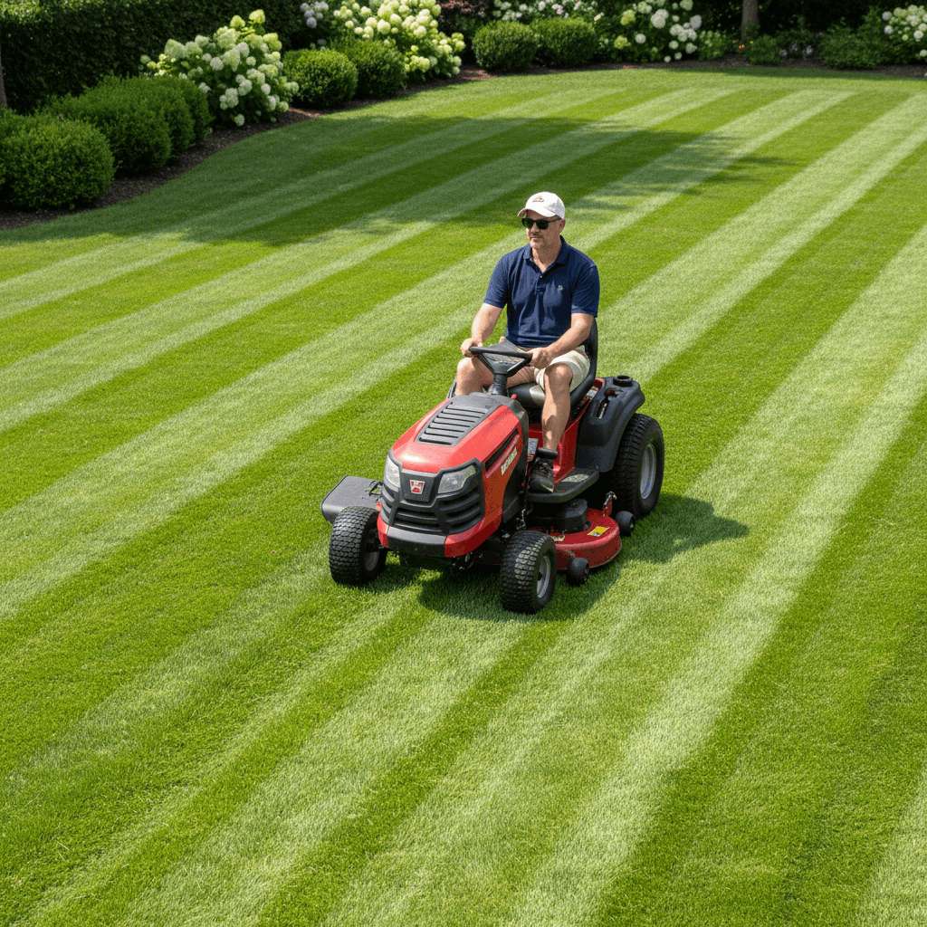 Father mowing lawn with precision diagonal stripes