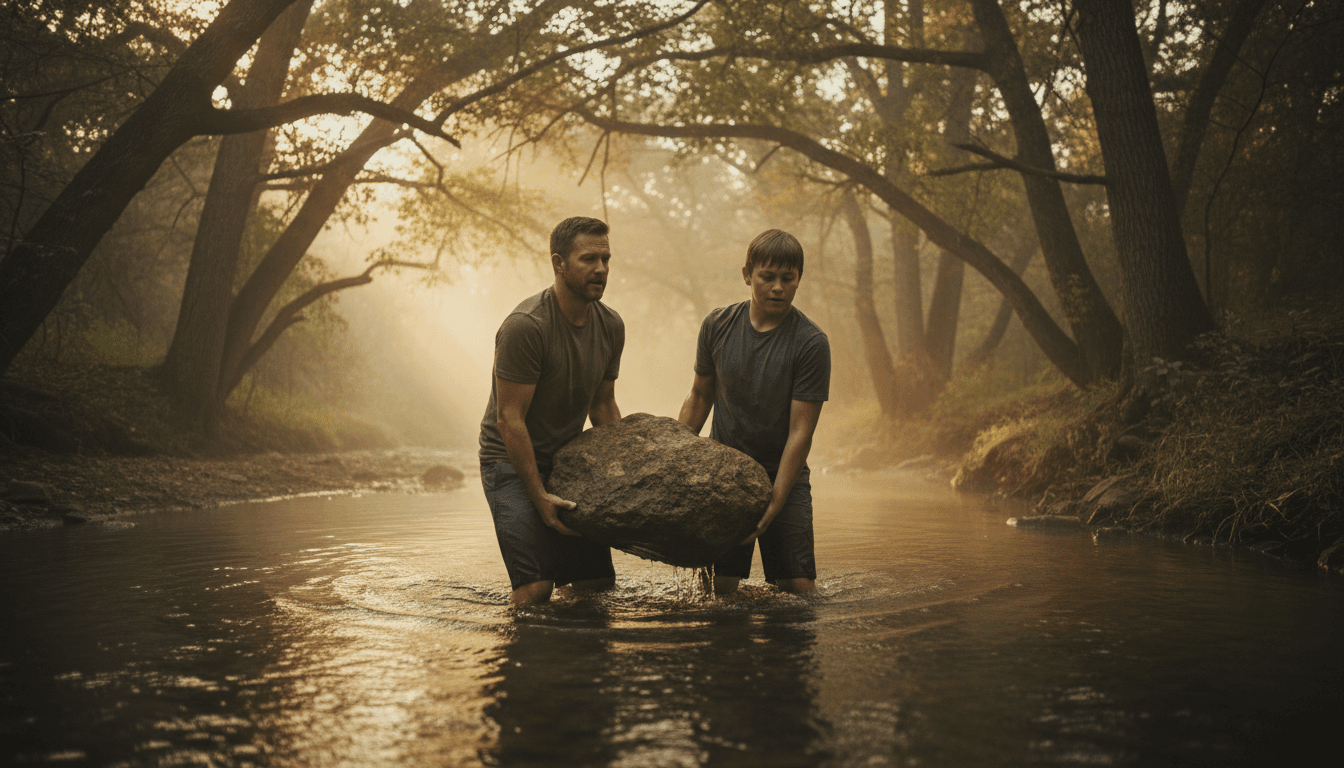Father and son carrying river rock through creek together