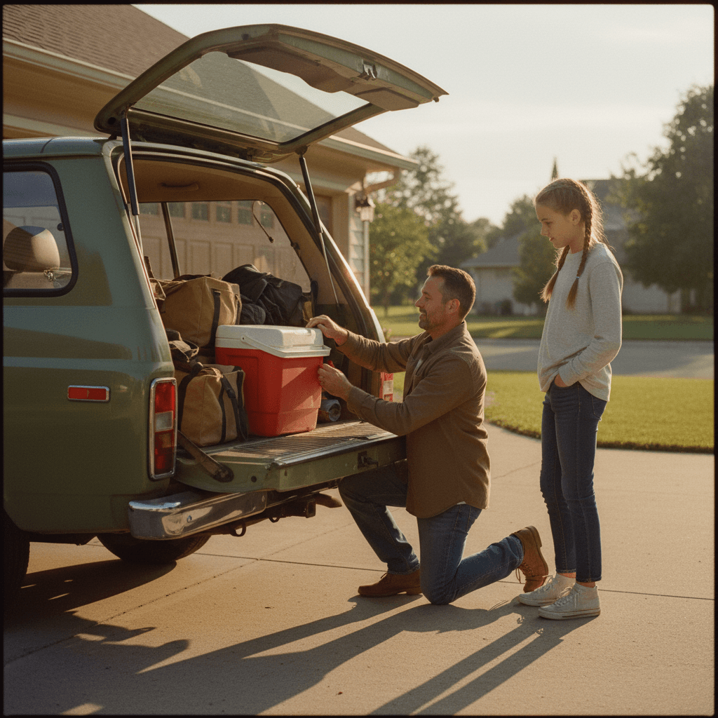 Father strategically packing family car for road trip