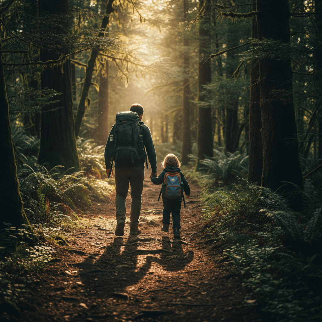 Father and child on woodland adventure