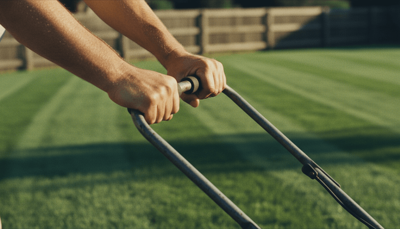 Father's hands gripping lawn mower with precision and focus