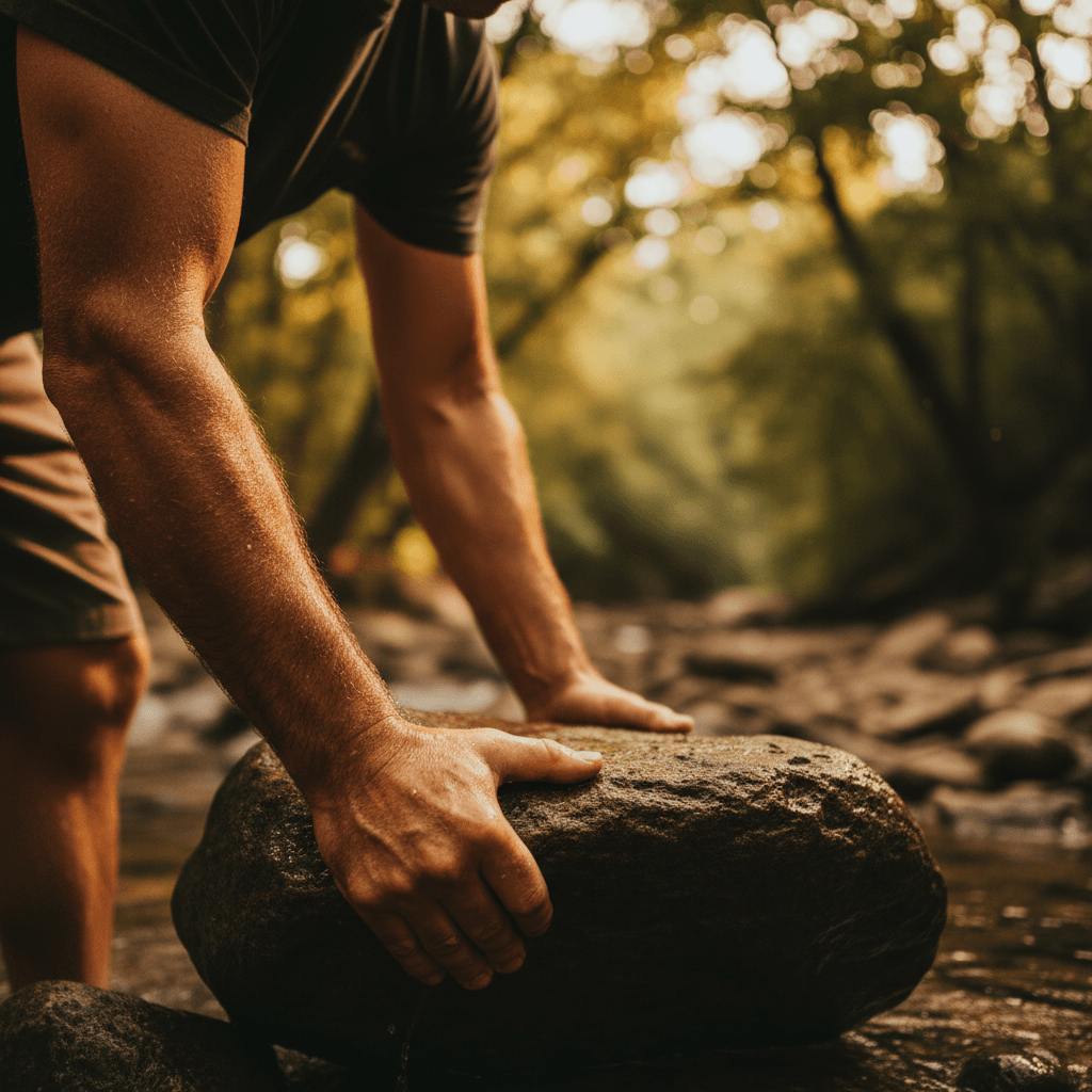 Father lifting river rock by creek