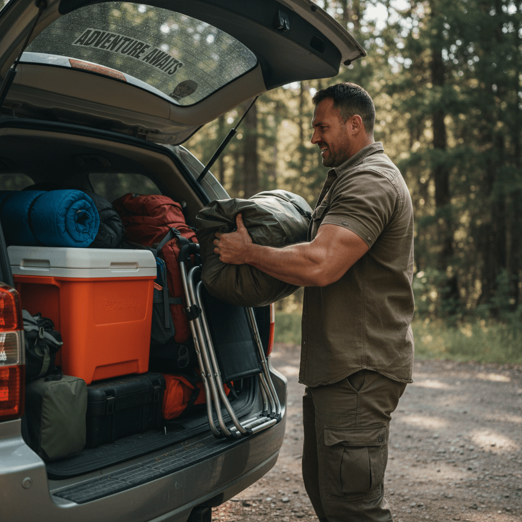 Dad packing adventure gear in truck