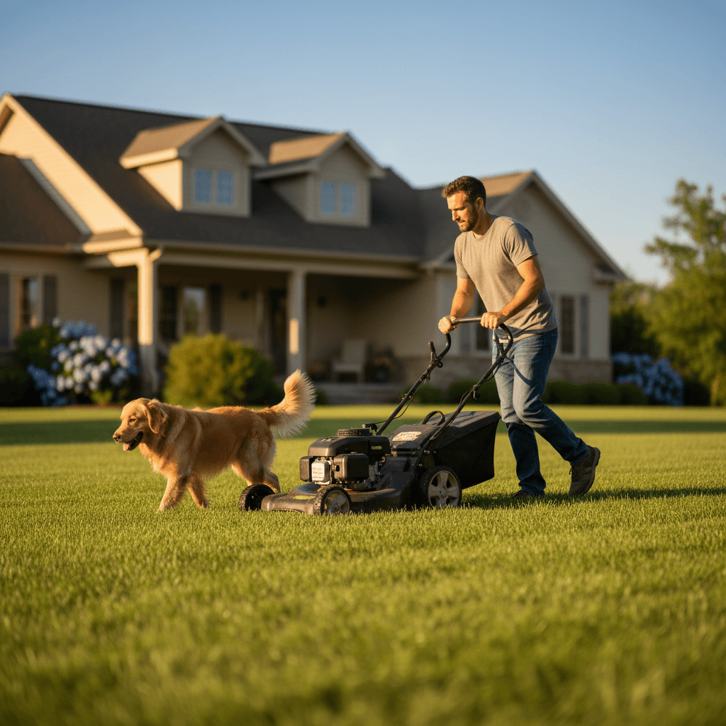 Dad mowing lawn with precision focus