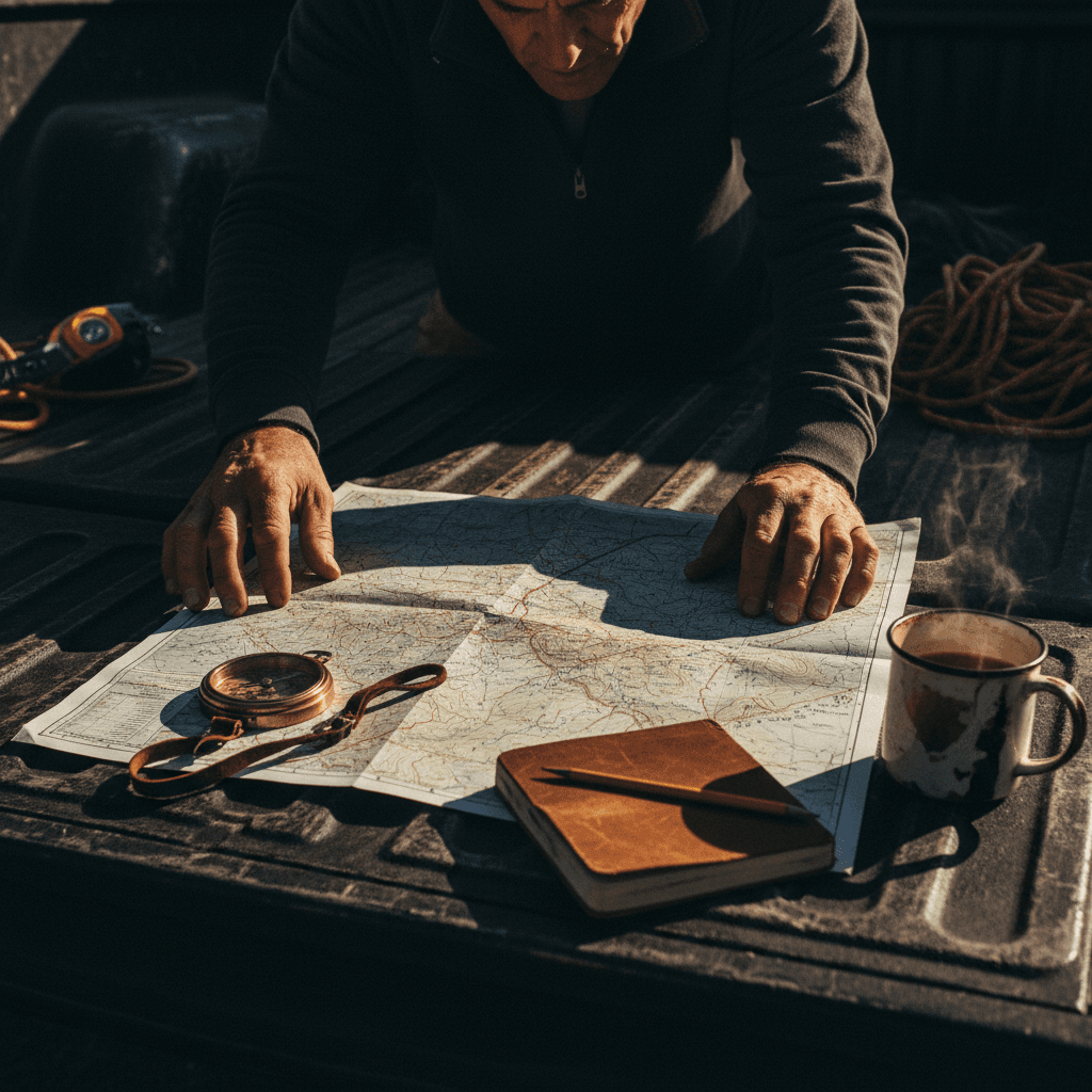 Father planning outdoor adventure with map and compass