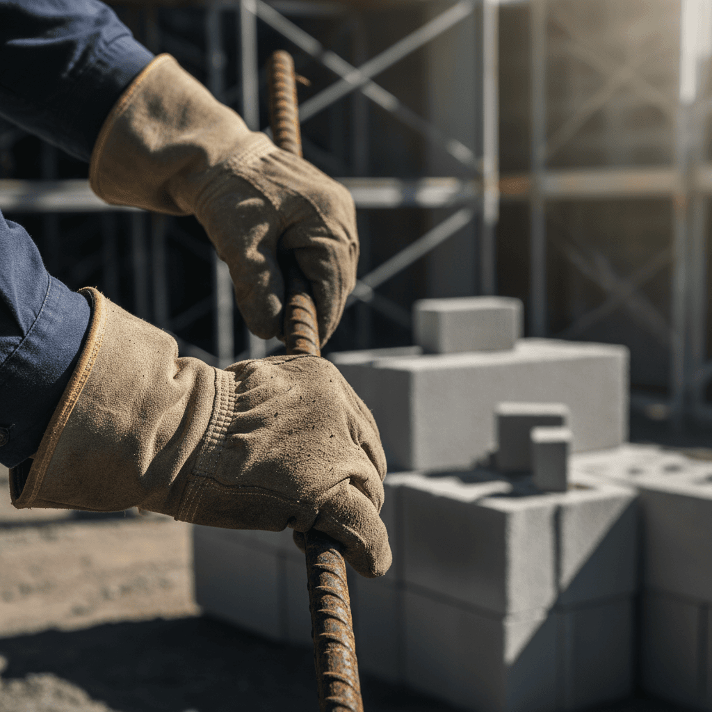 Close-up of father's hands gripping rope during outdoor construction project
