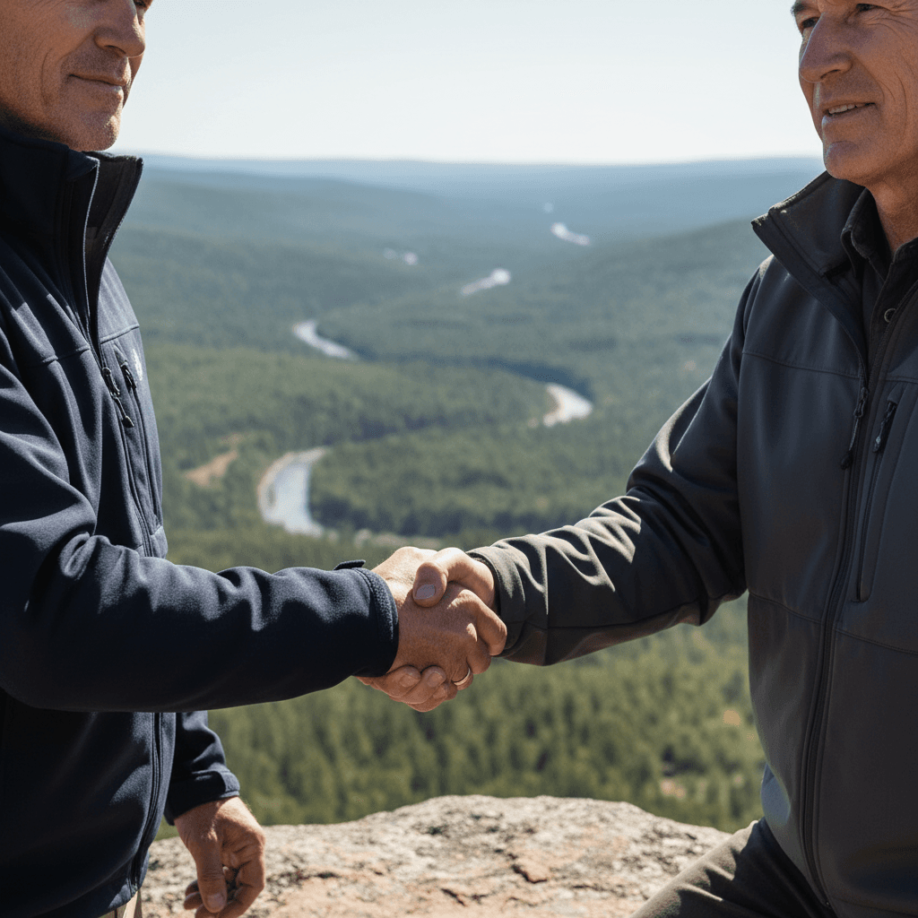 Two fathers working together to move a large rock with teamwork and effort