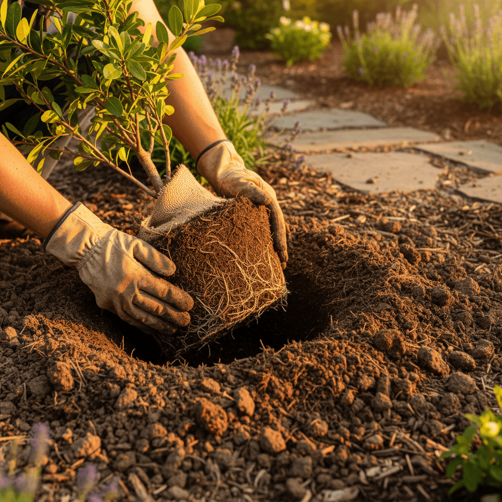 Father carefully placing river rock into garden project